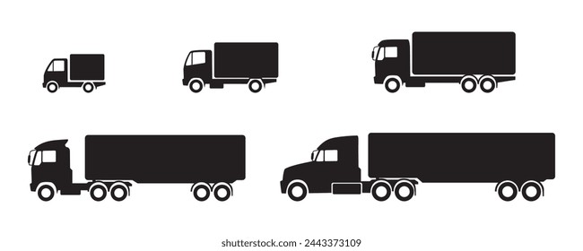 Container trucks, various kinds and sizes in vector silhouette image, eps