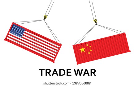 Container US of America crashed Container China trade war concept. US of America and chinese flags containers .