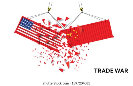 Container US Of America Crashed Container China Trade War Concept. US Of America And Chinese Flags Containers .