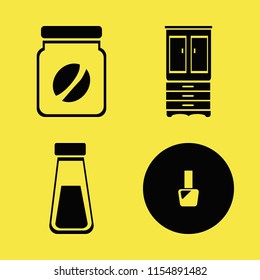 container vector icons set. with coffee jar, salt shaker, nail polish and cupboard in set