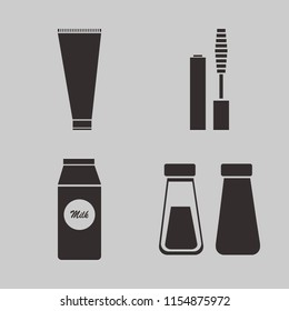 container vector icons set. with pack milk, mascara brush, cream tube and salt pepper shaker in set