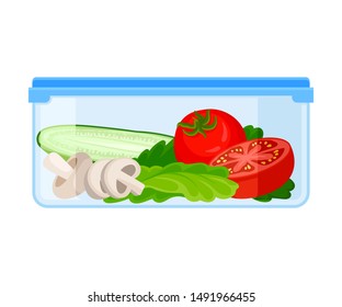 Container of vegetables and mushrooms. Vector illustration on a white background.
