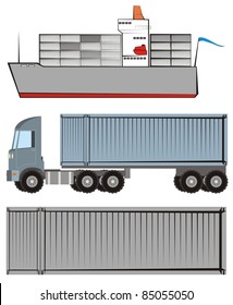 Container vessel / box ship, truck with a container chassis and a shipping container - Logistics / supply chain color vector illustration set