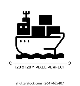 Container vessel pixel perfect glyph solid icon. Cargo ship transporting goods by sea. Maritime shipping industry. Black silhouette symbol on negative space. Vector isolated illustration