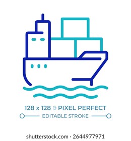 Container vessel pixel perfect two color line icon. Cargo ship transporting goods by sea. Maritime shipping bicolor outline symbol. Duotone linear pictogram. Isolated illustration. Editable stroke