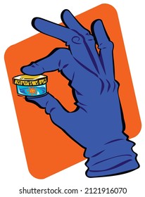 Container with a virus and a hand in blue medical glove holding the container.