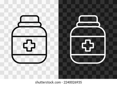 Container with vitamins, high quality vector editable line icon. Container with medicines outline icon isolated on dark and light transparent backgrounds for UI design.