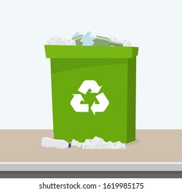 Container with waste. Recycling and sorting garbage. Green trash bin with recycling symbol. Bin full of garbage. Vector illustration.