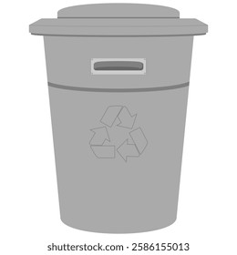 A container or wastebasket made in gray tones. The container is marked with a recycling sign.