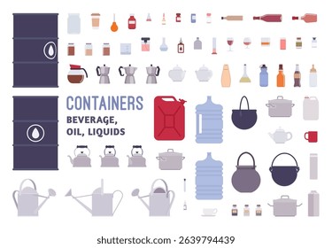 Container water, oil, beverage, vessel objects to hold, store, sell, transport liquids pack. Bottles, jugs, barrels, tanks, vials, cups, teapots bundle set, restaurant house items. Vector illustration