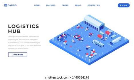 Container yard landing page vector template. Shipping logistics center website homepage interface idea with isometric illustrations. Industrial transportation web banner, webpage cartoon concept