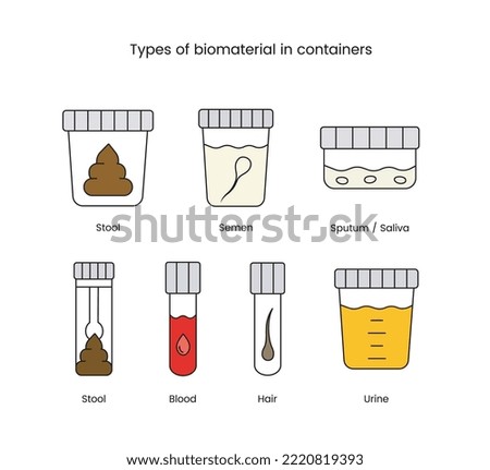 Containers with biomaterial a set of line colors icons in vector, illustrations of containers for blood and feces, urine and saliva, applicator in tube