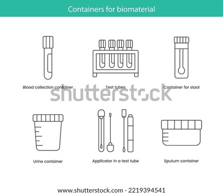 Containers for biomaterial a set of line icons in vector, illustrations of containers for blood and feces, urine and saliva, applicator in tube.