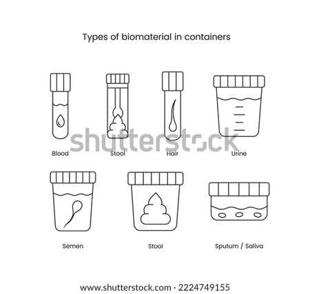 Containers with biomaterial a set of line icons in vector, illustrations of containers for blood and feces, urine and saliva, applicator in tube.