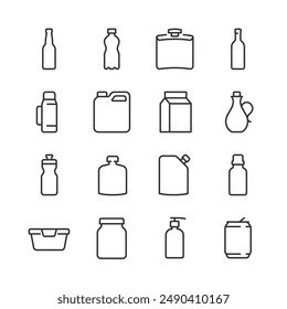 Containers and Bottles for Liquid Products, Icon Set. Glass Bottle, Plastic, Metal Flask, Thermos, Jerry Can, Paper Carton, Decanter, Sports Bottle, Doypack,Can, etc. Line with editable stroke