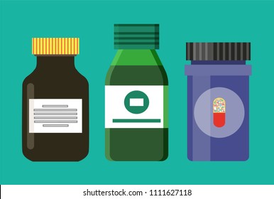 Containers collection and labels with image of capsule pill, medical recovery treatment, glass bottles with caps vector illustration isolated on green