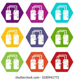 Containers connected with tubes icon set many color hexahedron isolated on white vector illustration