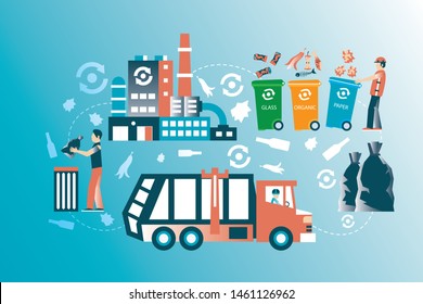 Containers for garbage of different types. Garbage cans for paper products, food waste, glass and plastic waste. Recycle, recycled paper, food, waste. Vector illustration isolated