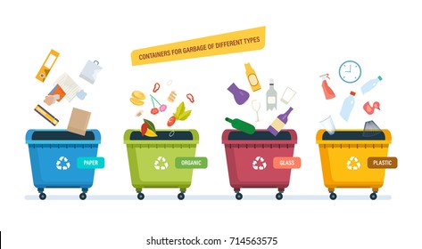Containers for garbage of different types. Garbage cans  for paper products, food waste, glass and plastic waste. Recycle, recycled paper, food, waste. Vector illustration isolated