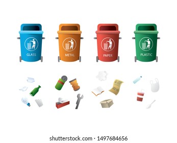 Containers for garbage of different types. Rubbish bins with different types of waste for recycling concept. Paper products, food waste, glass and plastic waste. Recycle, recycled paper, food, waste