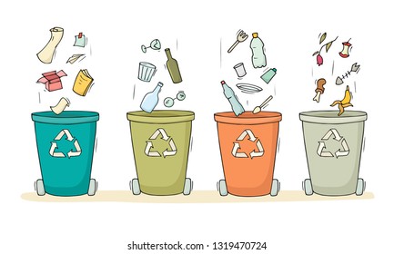 Containers for garbage of different types. Set of garbage cans for paper products, food waste, glass, paper and plastic. Cartoon vector illustration isolated on white.