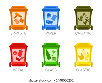 Containers for garbage of different types. Set of garbage cans for paper products, e-waste,  food waste, glass, paper and plastic. Recycling trash. 