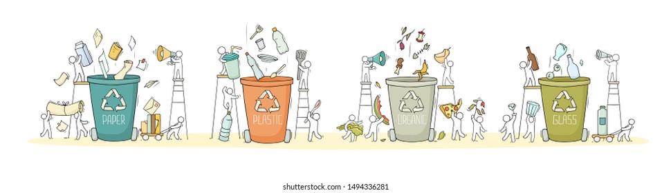 Containers For Garbage Of Different Types. Set Of Garbage Cans For Paper Products, Food Waste, Glass, Paper And Plastic. Cartoon Vector Illustration Isolated On White.