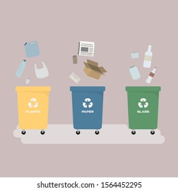 Containers for garbage of different types, sorting waste for recycling, vector illustration