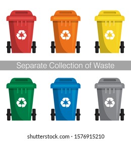 Containers for garbage of different types. Sorting and recycling of waste. Ecology  conservation in the urban environment Set of isolated icon on white background. Flat cartoon vector illustration