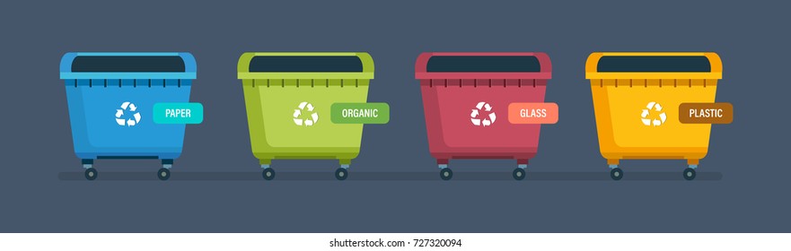 Containers for garbage of different types. Urns for paper products, food waste, glass and plastic waste. Vector illustration isolated