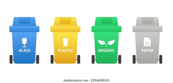 Containers for garbage of different types. Different types of waste: organic, plastic, metal, paper, glass, electronic waste. Separation of waste in garbage cans for disposal. Vector illustration