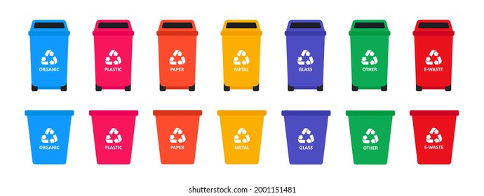 Containers for glass, paper, metal, plastic and other. Vector flat illustration.