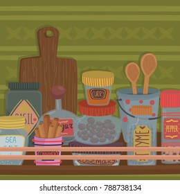 Containers with herbs, spices and kitchenware utensils on wooden shelf vector illustration, design element for poster or banner