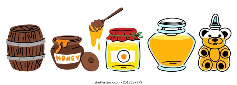 Containers with honey in various forms. A flat illustration for storing honey. Jar, vessel, barrel, pottery is closed, open. Honey theme. Vector illustration in the form of color isolated illustration