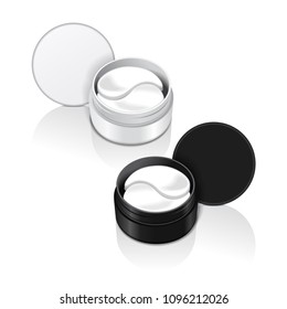 Containers with hydrogel patches for the eyes. Vector illustration of realistic eye gel patches for your design