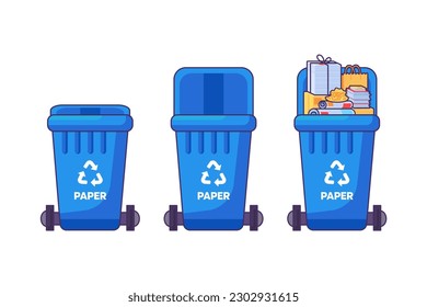 Containers with lid for storing, recycling and sorting used household Paper carton waste. Closed empty and filled trash can with recycle sign. Simple cartoon outline vector isolated on white