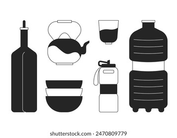 Containers for liquid black and white 2D line cartoon objects set. Bottles, teapot, bowls and cup isolated vector outline item. Drink and food supplies monochromatic flat spot illustrations