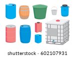 Containers for liquid. Plastic, metal and wood barrel set. Vector illustration