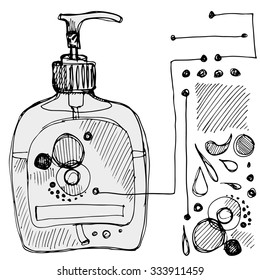 Containers for liquid soap. Hand line black sketched illustration. Cute set fot your design. 