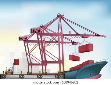 Containers loading by crane , Trade port , Industrial container for logistic import and export business