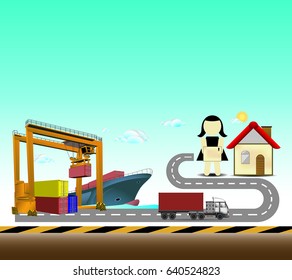 Containers loading by crane , Trade port , Concept for business success of import