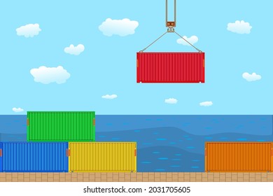 Containers loading and unloading with crane in port. Crane with container in pier on sea background. Commercial transportation logistics, maritime container carriage. Delivery of cargo shipping.Vector