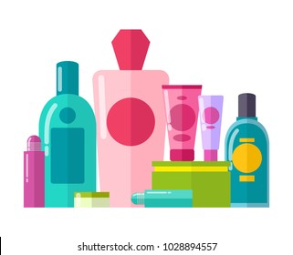 Containers made of plastic and tubes collection, poster with set of gels and essences, cosmetics vector illustration isolated on white background