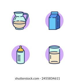Containers for milk line icon set. Glass, jug, milk carton, baby bottle with pacifier. Packages, containers, dairy products concept. Vector illustration for web design and apps