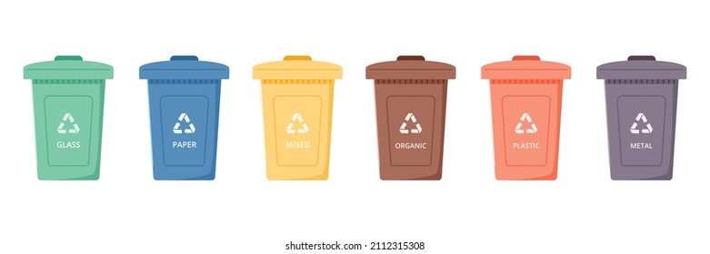 Containers or recycle bins for paper, plastic, glass,metal,organic and mixed trash.Dumpsters of different colors isolated on white. Separate garbage set.Vector illustration.