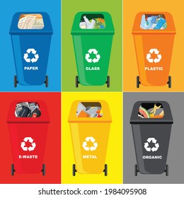 Contenedores para la clasificación de desechos reciclados. Basura colorida para residuos separados. Ropa de basura roja, verde, azul, amarilla, naranja y negra. Ilustración del vector 