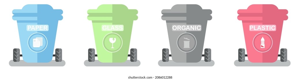 Contenedores para recolección de basura separada, orgánicos, plásticos, papel, vidrio, ilustración vectorial en estilo plano
