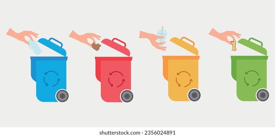 Contenedores para la recolección de residuos por separado, la mano arroja basura en contenedores para plástico, papel, desechos orgánicos, vidrio. Ilustración del vector