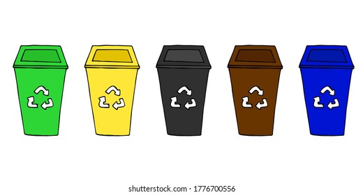 Containers for sorting garbage. Waste recycling. Ecology and nature protection. Hand drawing. Isolated objects.