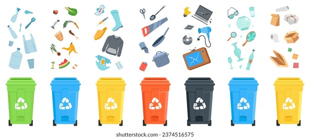 Containers for sorting paper, glass, metal, organic, plastic. Vector illustration.